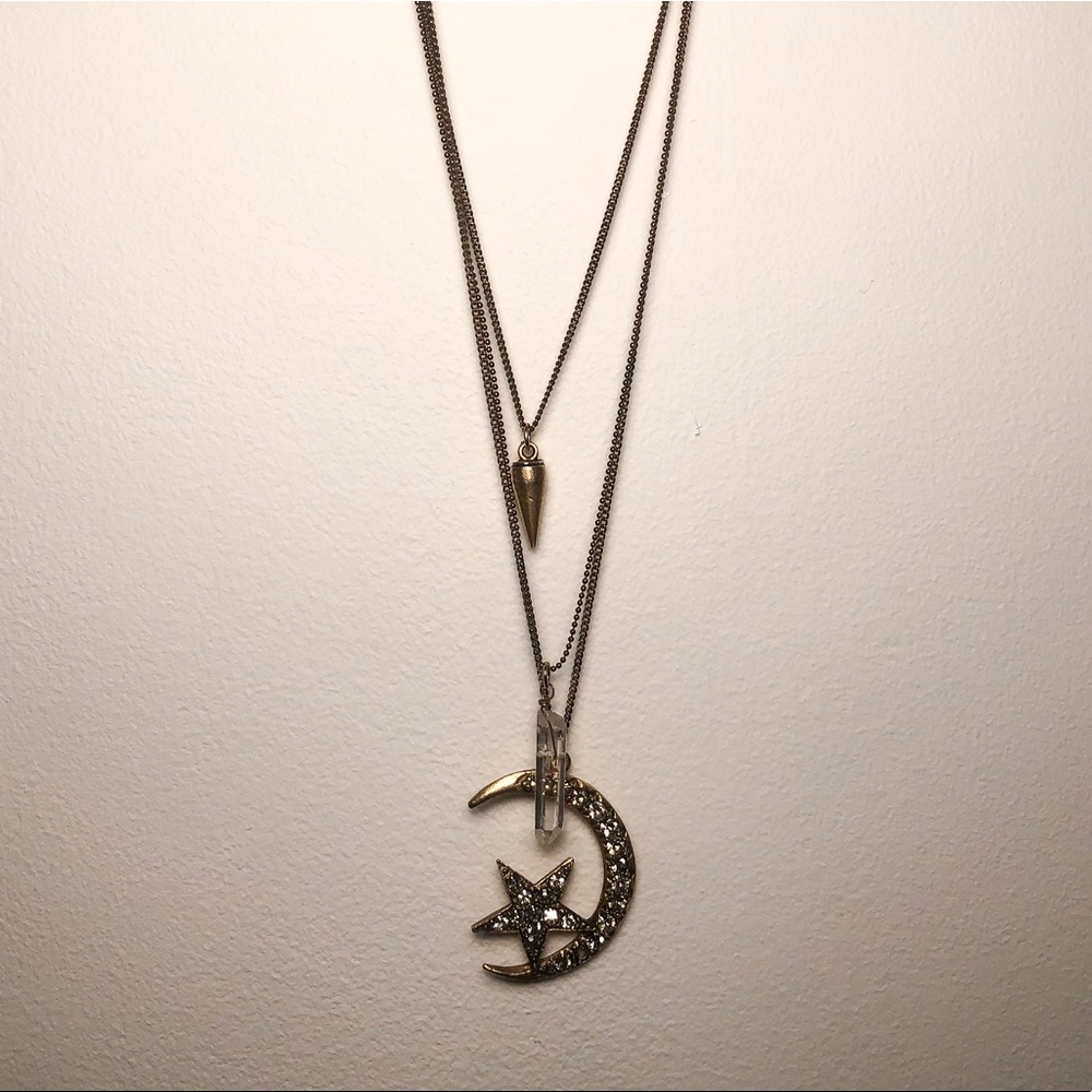 Layered gold crescent moon and crystal necklace